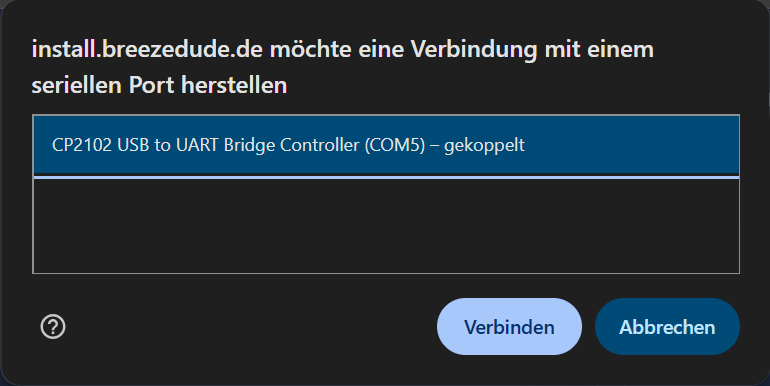 Installationsansicht mit Connect-Button